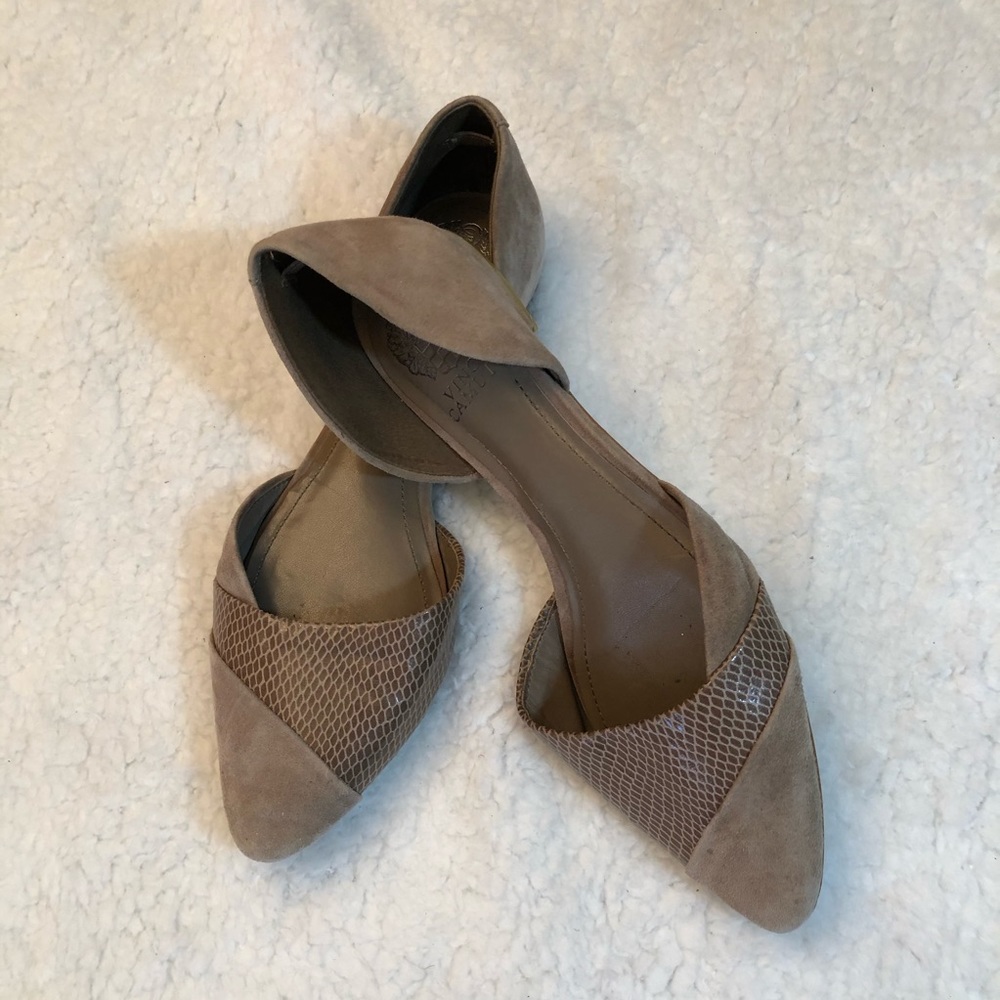 Vince Camuto Taupe Suede Pointed D'Orsay Flats with Snake-Embossed Panels